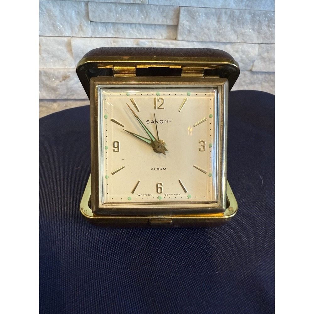 Vintage Sakony Wind Up Travel Alarm Clock Runs Leather Case West Germany MCM